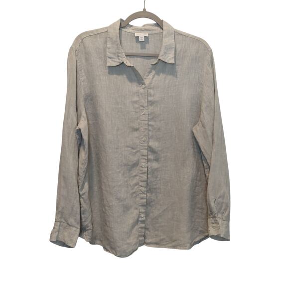 J. Jill Love Linen Sz L Petite Grey 100% Linen Long Sleeve Button Front Shirt - Picture 1 of 5